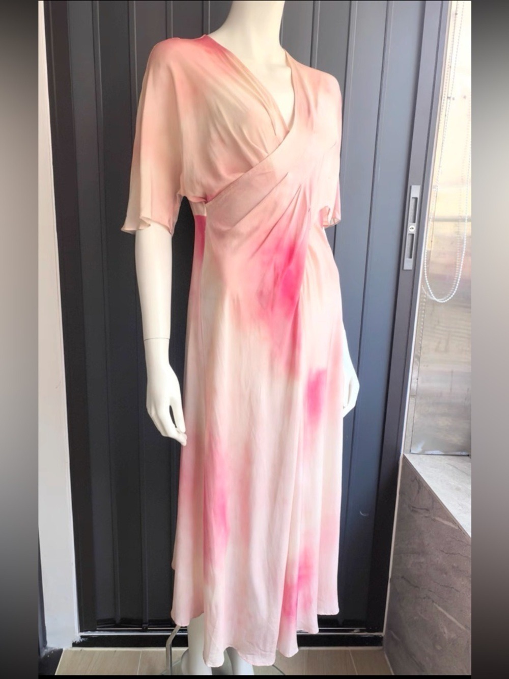 Pink Tulip Ombré Tie-Dye Silk Wrap Midi Dress Short Flutter Sleeves Size M Prom